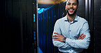 Man, arms crossed and smile in server room for portrait, confidence or career at IT company. Person, developer and happy with information technology at data center, storage or cybersecurity in Mexico