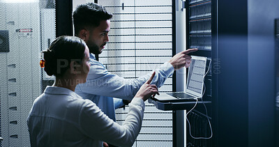 Buy stock photo Conversation, laptop and troubleshooting with people in server room for network administration. Collaboration, computer and problem solving with IT support team in data center for cybersecurity