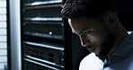Man, programmer and thinking in server room for maintenance, inspection or upgrade at company. Person, developer and information technology for data center management, storage or cybersecurity job
