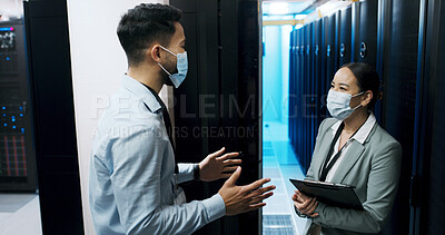 Buy stock photo Cybersecurity, discussion and face mask with people in server room for backup, team and technician. Cloud engineer, network hosting and security database with employees for hardware maintenance