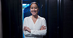 Woman, arms crossed and smile in server room for portrait, confident or career at IT company. Person, developer and happy for information technology at data center, job or cybersecurity in Malaysia