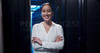 Buy stock photo Woman, arms crossed and smile in server room for portrait, confident or career at IT company. Person, developer and happy for information technology at data center, job or cybersecurity in Malaysia