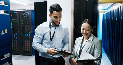 Buy stock photo Server room, people and collaboration with clipboard, hardware document or help. IT, technician and planning with tablet in datacenter for cybersecurity, maintenance checklist or happy for solution