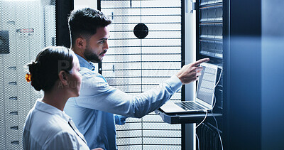 Buy stock photo Collaboration, laptop and problem solving with people in server room for network administration. Computer, conversation and cybersecurity with IT support team in data center for troubleshooting
