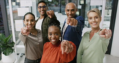 Buy stock photo Portrait, business people or pointing to you in workplace to select option for onboarding or decision. Happy, accountability and staff in office for recruitment, hiring or group invitation to join us