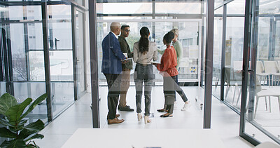 Buy stock photo Group, teamwork and brainstorming in office, glass or discussion for ad campaign, ideas or planning. Talking, people and marketing strategy with sticky notes, meeting and collaboration with research