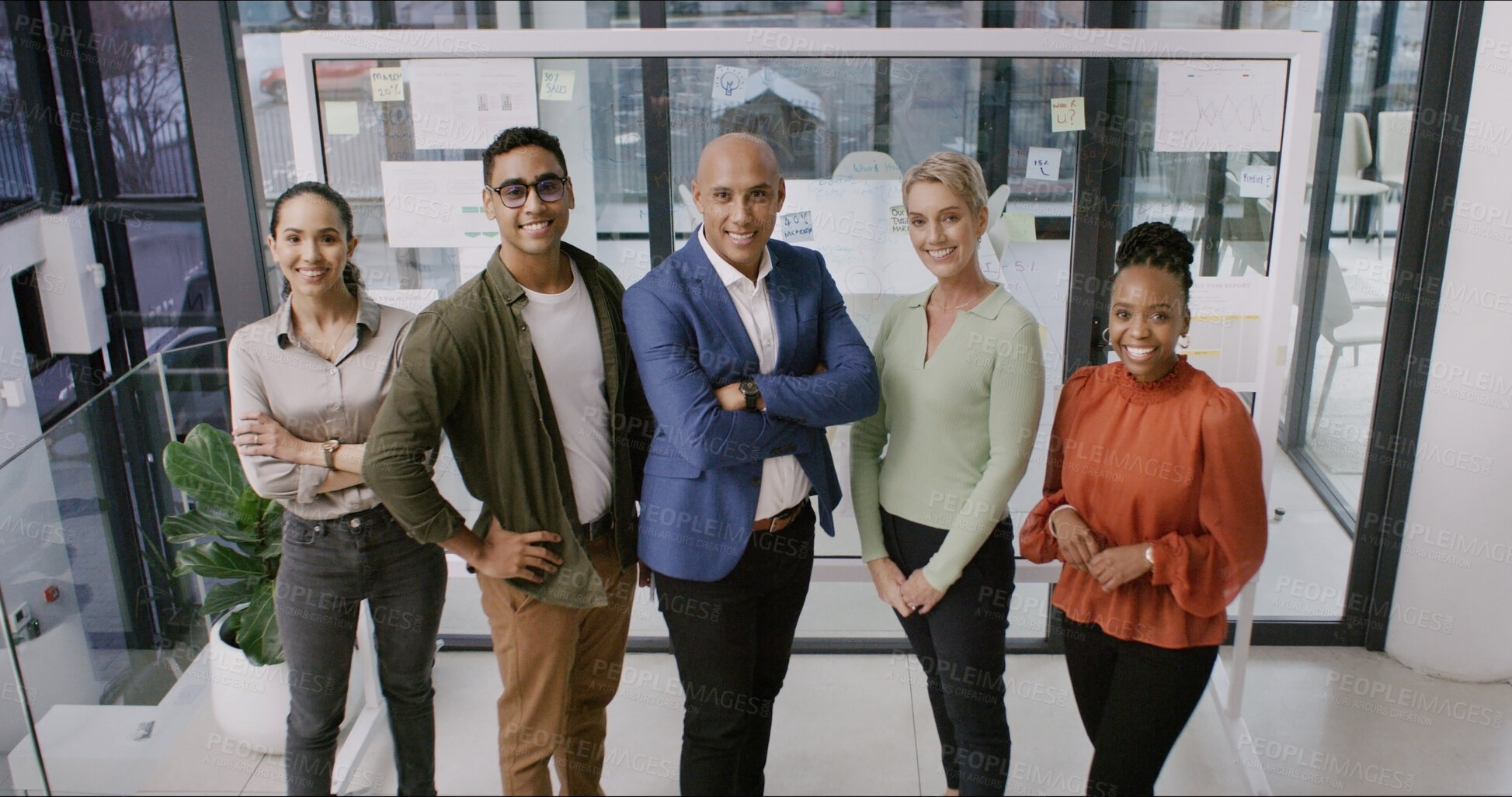 Buy stock photo Portrait, group and creative people in office with career pride, about us and media agency. Above, staff and employee confidence with teamwork, manager support and leadership for article publication