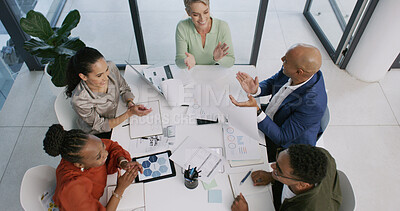 Buy stock photo Applause, discussion and business people in office with documents for finance report with good news. Happy, top view and financial advisors clapping hands for investment proposal with paperwork.