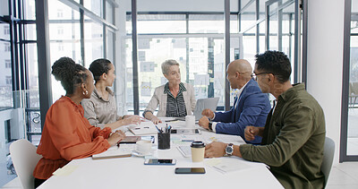 Buy stock photo Manager, team and business people in office for planning, financial review or analysis with strategy. Group, meeting and discussion in boardroom for investment, risk management and budget proposal