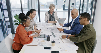 Buy stock photo Finance, team and business people in office for planning, meeting or financial analysis with graphs. Group, paper and discussion for investment strategy, risk management and budget report with tech