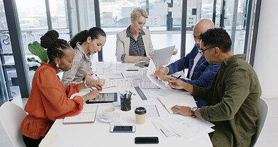 Buy stock photo Meeting, team and business people in office for planning, financial review or analysis with chart. Group, paper and discussion in boardroom for investment, risk management and budget report with tech