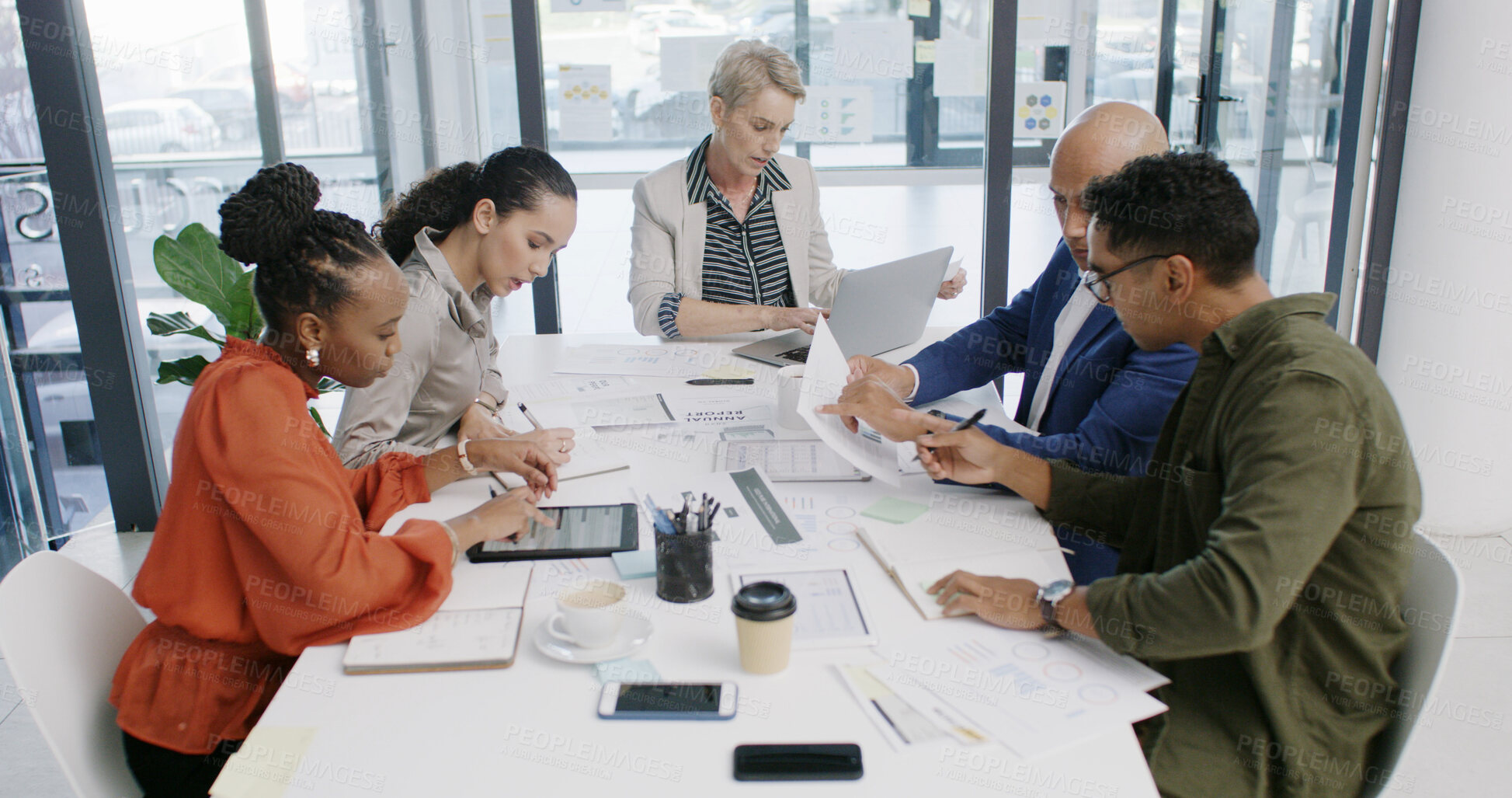 Buy stock photo Meeting, team and business people in office for planning, financial review or analysis with chart. Group, paper and discussion in boardroom for investment, risk management and budget report with tech