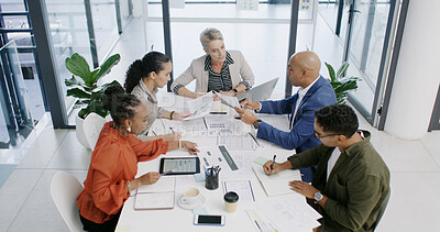 Buy stock photo Meeting, group and business people with paperwork for planning, financial analysis and chart above. Team, office and discussion in boardroom for investment, risk management or budget report with tech