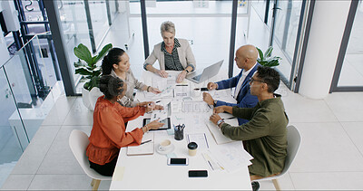 Buy stock photo Meeting, group and business people with chart for planning, financial analysis and document above. Team, office and discussion in boardroom for investment, risk management or budget report with data