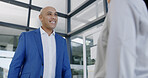 Happy, meeting and business people in office for discussion, planning and finance consulting. Professional, corporate and man with worker talking for proposal review, feedback and team project