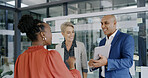 Happy, business and people with tablet in office for planning, media reviews and article sales. Staff, meeting and digital for team brainstorming, editor feedback and draft information on news report