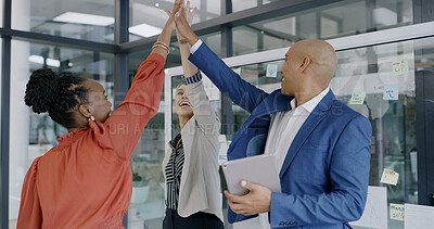 Buy stock photo Mission, high five or excited business people in meeting for goals celebration, support or teamwork. Office, happy or group in partnership with success for achievement, target or staff motivation
