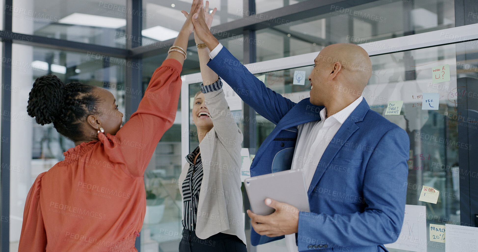 Buy stock photo Mission, high five or excited business people in meeting for goals celebration, support or teamwork. Office, happy or group in partnership with success for achievement, target or staff motivation