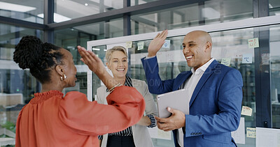 Buy stock photo Mission, high five or business people in meeting for goals celebration, support or teamwork. Office, happy employees or group in partnership with success for achievement, target or staff motivation