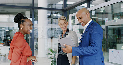 Buy stock photo Happy, creative and people with tablet in office for planning, media reviews and article sales. Staff, meeting and digital for team brainstorming, editor feedback and draft information on news report