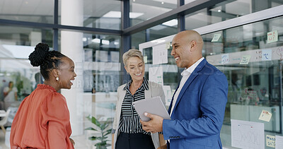 Buy stock photo Smile, creative and people with tablet in office for planning, media reviews and article sales. Staff, meeting and digital for team brainstorming, editor feedback and draft information on news report