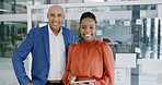 Proud, portrait or business people on tablet for accounting online, economy news and finance. Accountants, smile or happy financial advisor with teamwork for revenue, research or investment update