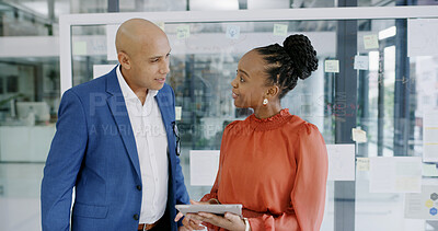 Buy stock photo Smile, people and meeting with tablet in office for planning, media reviews and article sales. Staff, briefing and digital for team brainstorming, editor feedback and draft information on news report