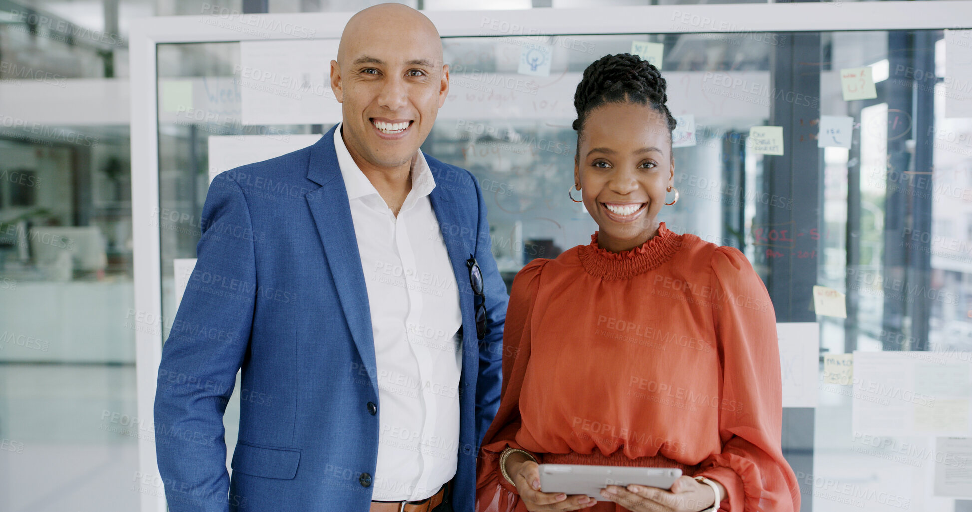 Buy stock photo Portrait, man and woman with tablet, office and happy with collaboration, pride and business growth. Confident, marketing team and colleagues with smile for partnership, tech and advertising agency