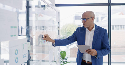 Buy stock photo Businessman, tablet and sticky note for finance, graphs or brainstorming in office for strategy. Glass wall, employee and technology with research, planning or schedule tasks for investment project