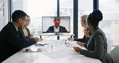 Buy stock photo Video call, meeting and business people with screen in office for discussion, conference and webinar. Professional, corporate and workers in virtual seminar for planning, proposal ideas and teamwork