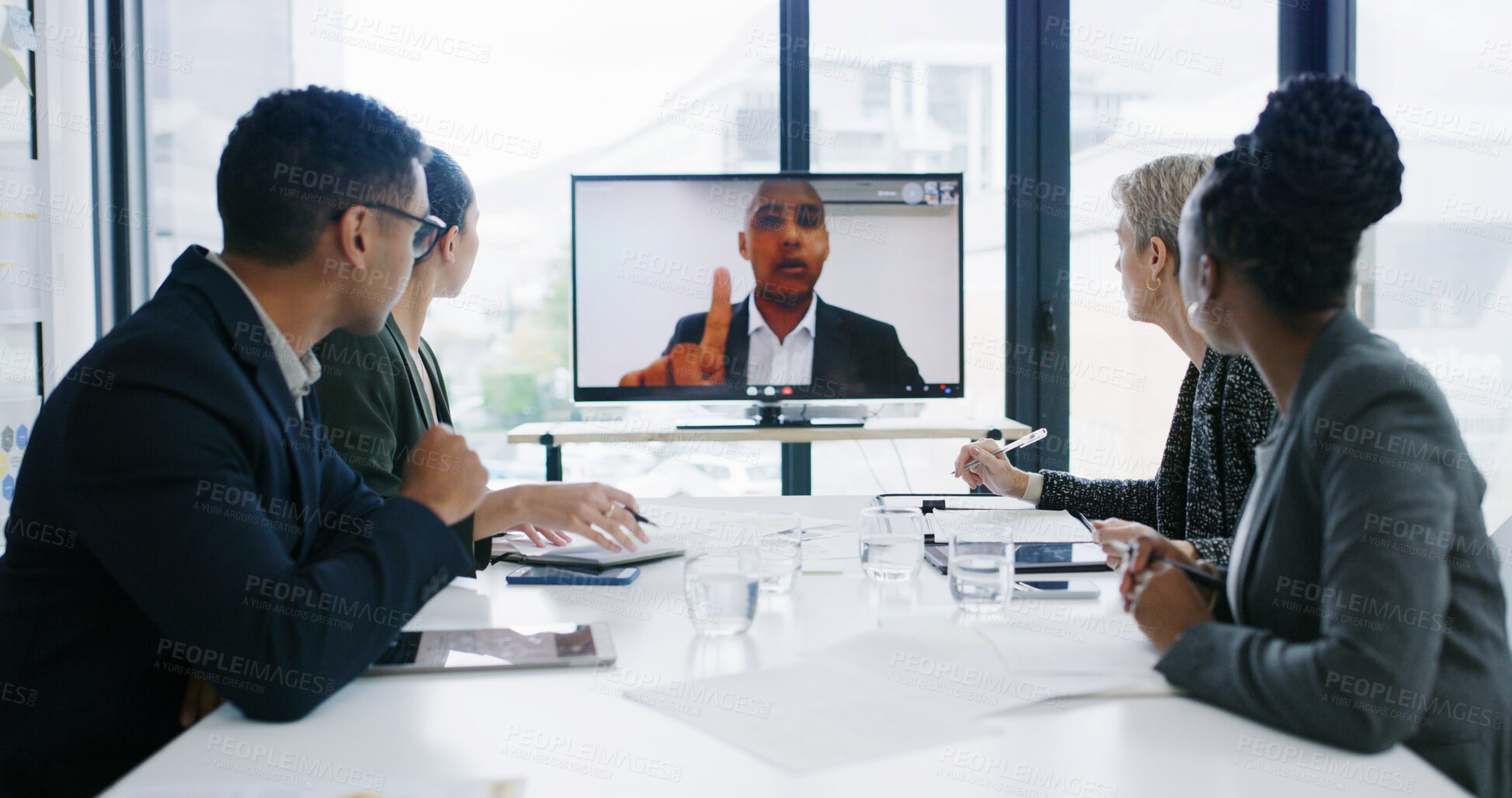 Buy stock photo Video conference, meeting and business people with screen in office for planning, strategy and webinar. Professional, corporate and workers in virtual seminar for talking, proposal ideas and teamwork
