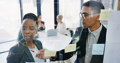 Buy stock photo Team, planning and people with strategy, glass and sticky notes for proposal and financial analysis. Business analyst, talking or discussion for risk assessment, man and meeting with woman in office