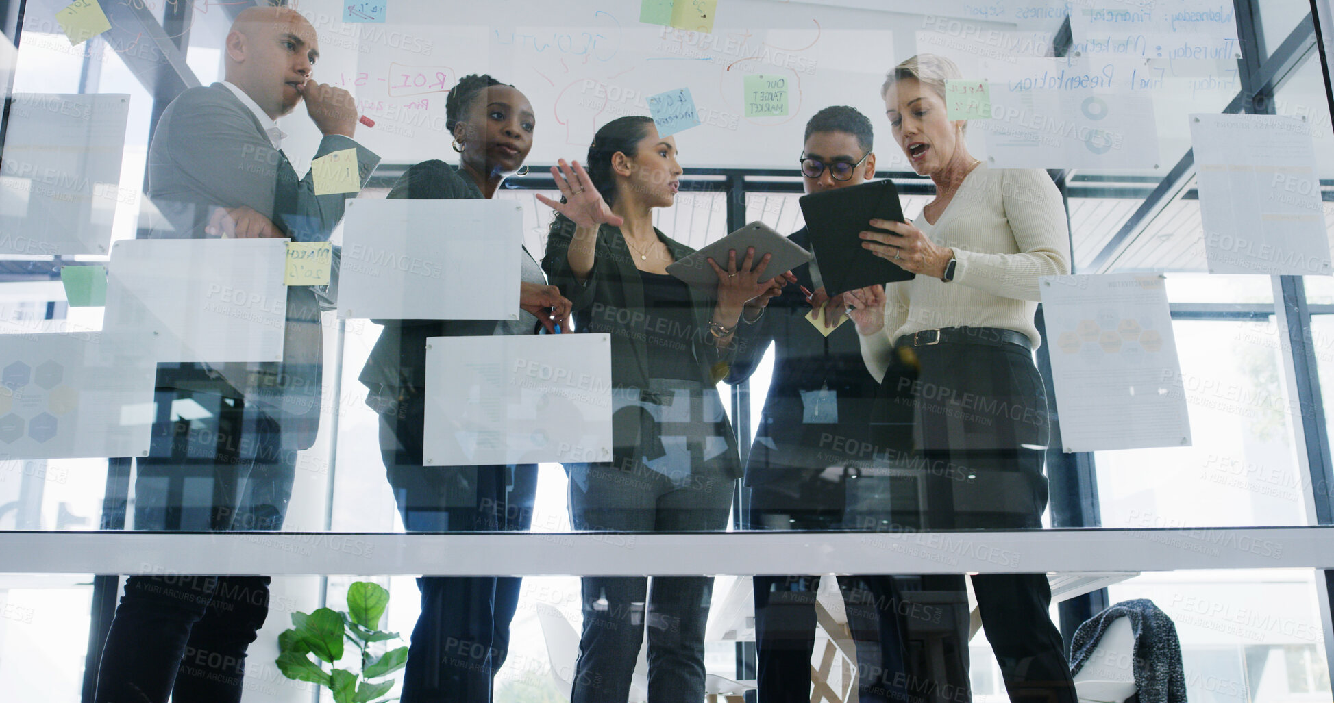 Buy stock photo Documents, team and scrum with business people in meeting for research, technology and sales projections. Collaboration, low angle and account portfolio with employees in office for proposal planing