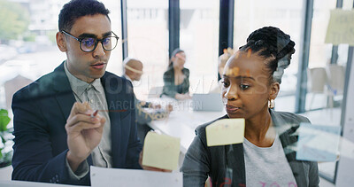 Buy stock photo Talking, planning or business people in office with glass for development, strategy or teamwork. Window, ideas or analysts in meeting for solution, brainstorming or collaboration project in agency
