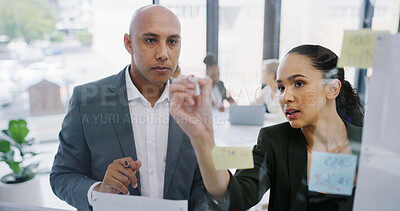 Buy stock photo Writing, planning or business people in office with glass for development, strategy or teamwork. Window, ideas or analysts in meeting for solution, brainstorming or collaboration project in agency