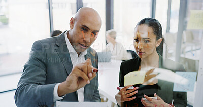 Buy stock photo Writing, strategy or business people in office with glass for development, planning or teamwork. Window, ideas or analysts in meeting for solution, brainstorming or collaboration project in agency
