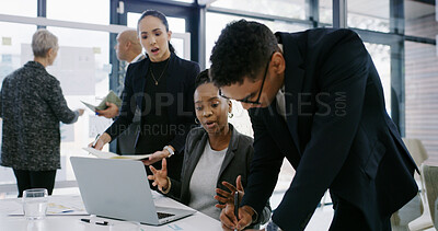 Buy stock photo Teamwork, writing or business people on laptop in office for development, planning or finance. Talking, notes or financial analysts in meeting for solution, brainstorming or collaboration project