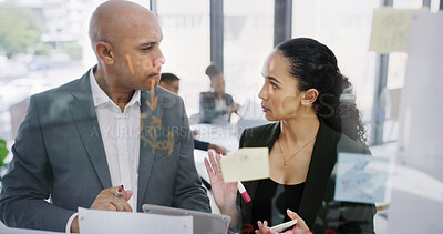 Buy stock photo Talking, glass or business people in office for finance development, planning or teamwork. Discussion, tablet or financial analysts in meeting for solution, brainstorming or collaboration project