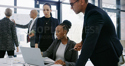 Buy stock photo Teamwork, discussion or business people on laptop in office for development, planning or finance. Talking, notes or financial analysts in meeting for solution, brainstorming or collaboration project