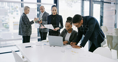Buy stock photo Writing, finance paperwork or business people in office for development, planning or teamwork. Charts, document or financial analysts in meeting for solution, brainstorming or collaboration project