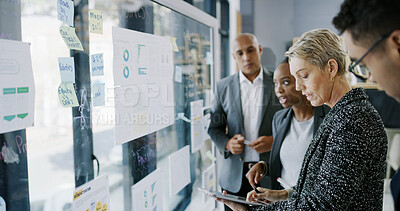 Buy stock photo Documents, team and tablet with business people in meeting for research, data chart and sales projections. Partnership, planning and account portfolio with employees in office for proposal and ceo