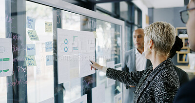 Buy stock photo Documents, board and manager with business people in meeting for research, data chart and sales projections. Target market, planning and account portfolio with employees in office for CEO proposal