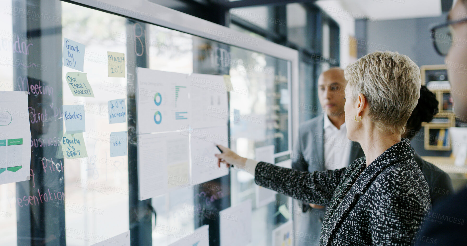 Buy stock photo Documents, board and manager with business people in meeting for research, data chart and sales projections. Target market, planning and account portfolio with employees in office for CEO proposal