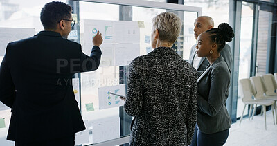 Buy stock photo Documents, glass and presentation with business people in meeting for research, data chart and sales projections. Investment graph, planning and account portfolio with employees and CEO for proposal