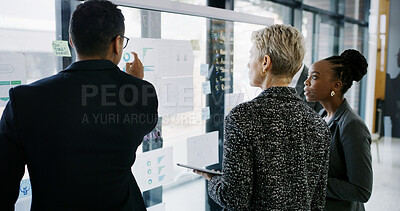 Buy stock photo Glass wall, discussion and business people in office with planning for budget report with statistics. Meeting, board and team of financial advisors with research for investment proposal in workplace.