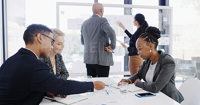 Buy stock photo Charts, finance paperwork or business people in office for development, planning or teamwork. Graphs, documents or financial analysts in meeting for solution, brainstorming or collaboration project