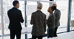 Glass wall, meeting and business people in office with planning for budget report with statistics. Discussion, board and team of financial advisors with research for investment proposal in workplace.