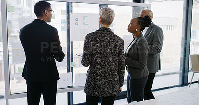 Buy stock photo Glass wall, meeting and business people in office with planning for budget report with statistics. Discussion, board and team of financial advisors with research for investment proposal in workplace.