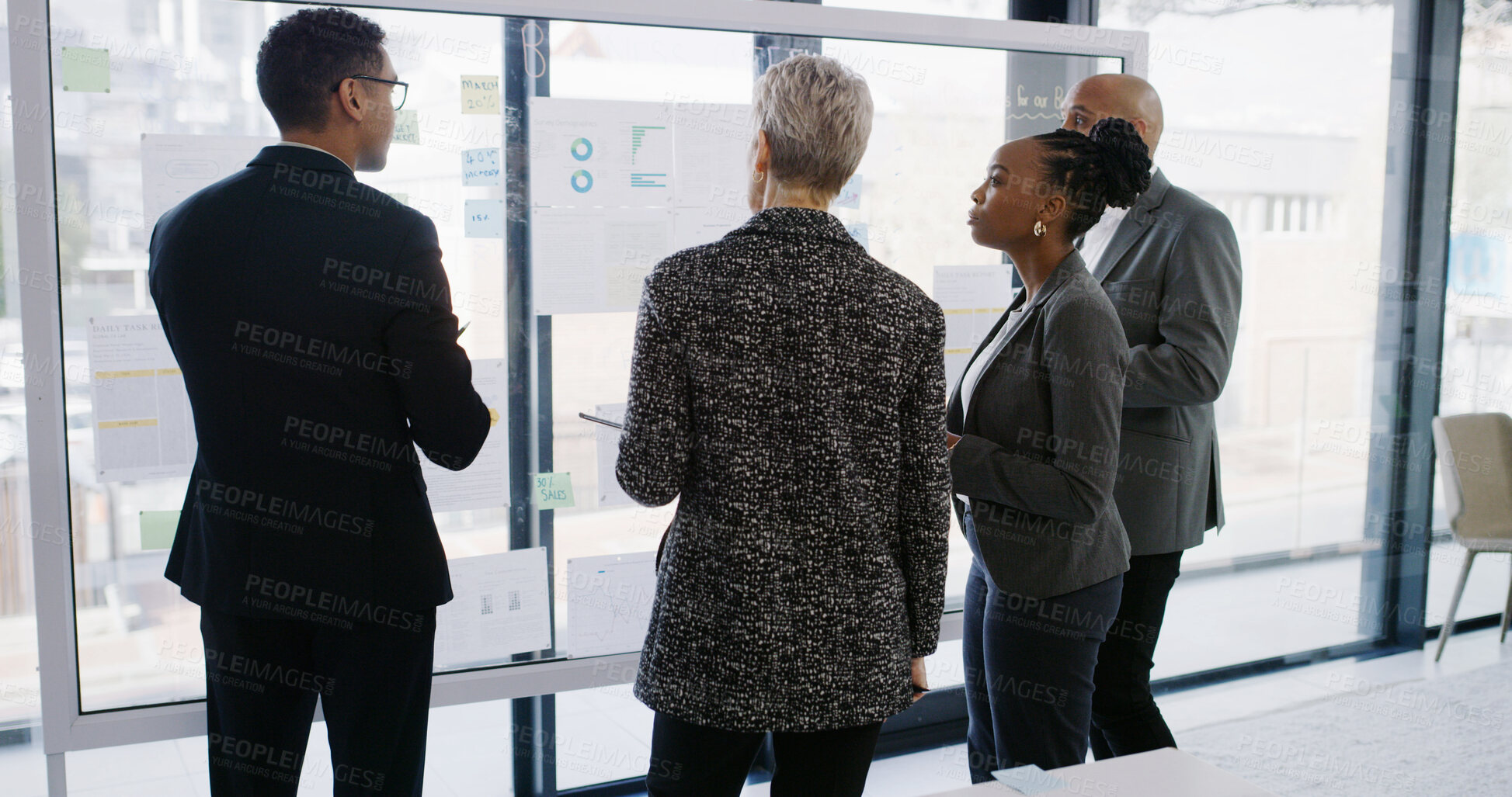 Buy stock photo Glass wall, meeting and business people in office with planning for budget report with statistics. Discussion, board and team of financial advisors with research for investment proposal in workplace.