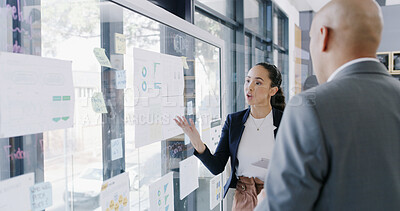 Buy stock photo Brainstorming, team and people with data analysis, glass and graphs for proposal or risk assessment. Business analyst, charts or strategy with sticky notes, man and collaboration with woman in office